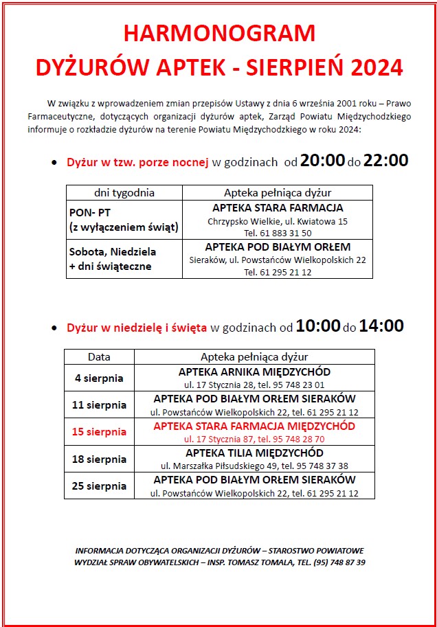 Harmonogram dyżurów aptek - sierpień 2024